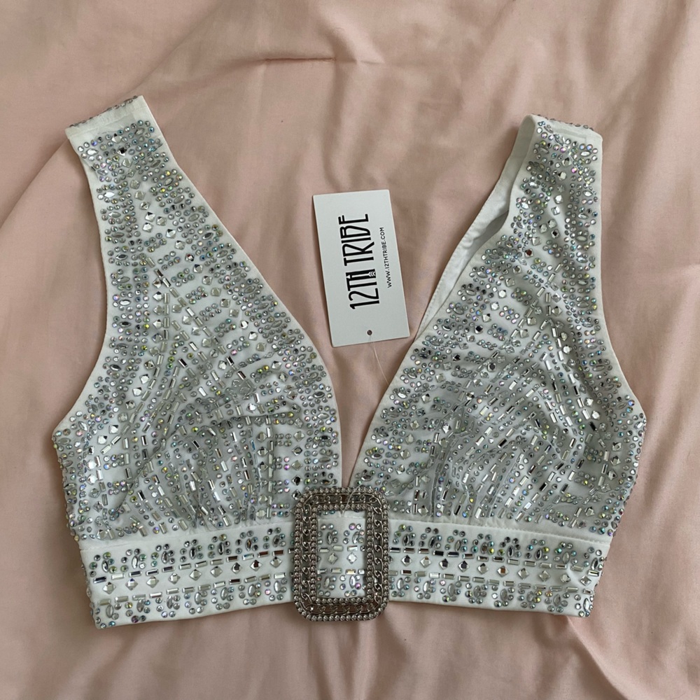 NWT 12th Tribe Violet White Rhinestone Festival Crop Top